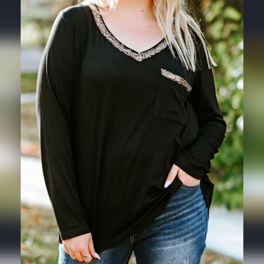 🎉HP🎉 BLACK V NECK SEQUINED TOP